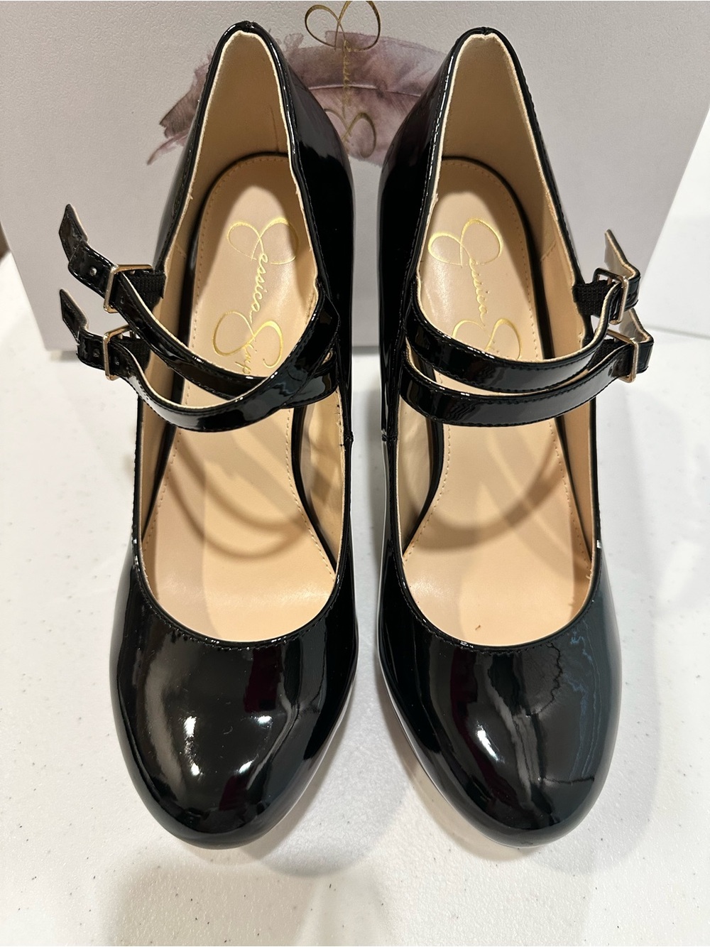 Jessica Simpson Black Patent Double-Strap Mary Jane Heels